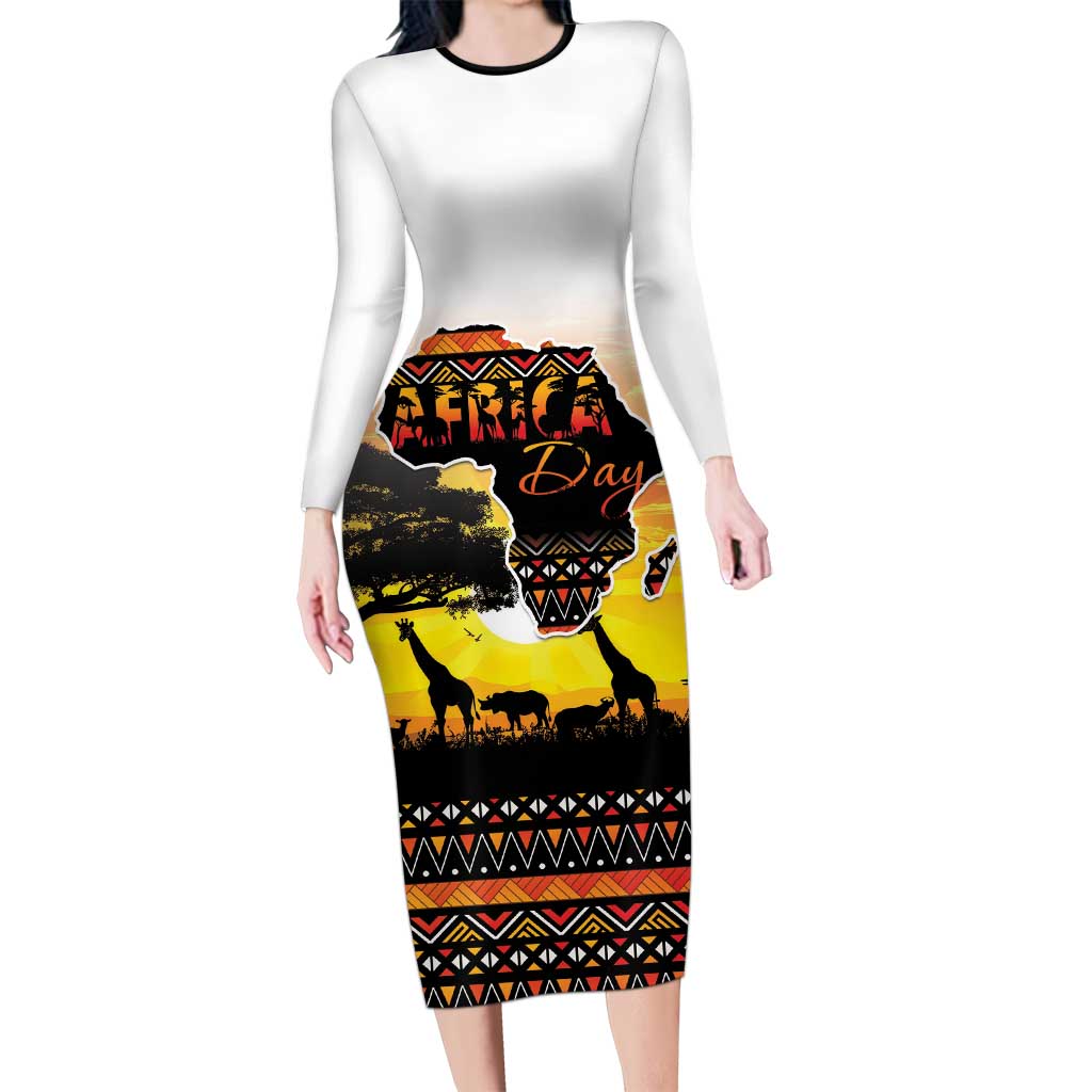 Happy Africa Day Family Matching Long Sleeve Bodycon Dress and Hawaiian Shirt African Safari With Map