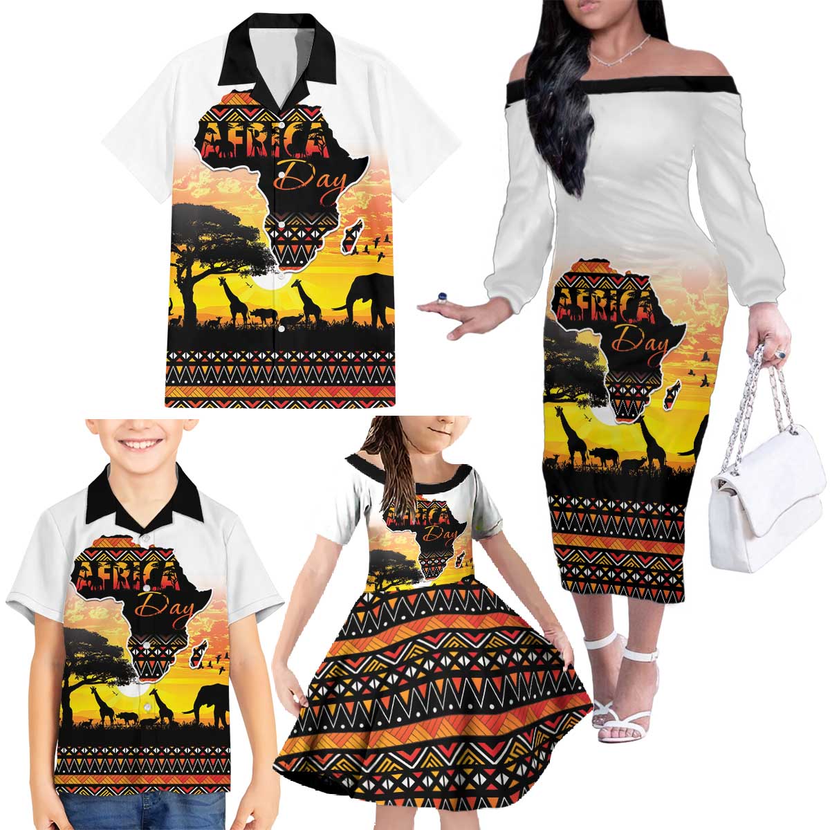 Happy Africa Day Family Matching Off The Shoulder Long Sleeve Dress and Hawaiian Shirt African Safari With Map