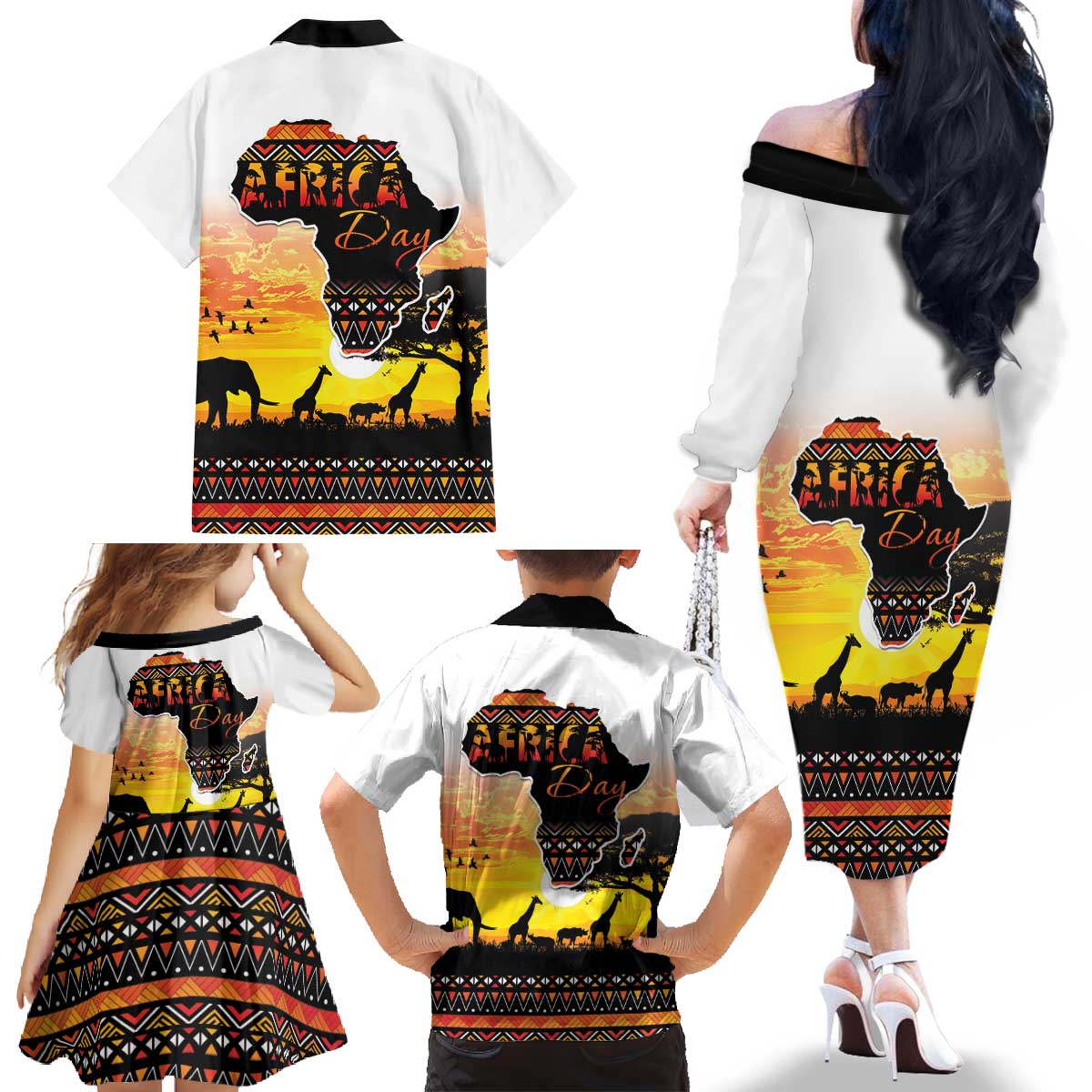 Happy Africa Day Family Matching Off The Shoulder Long Sleeve Dress and Hawaiian Shirt African Safari With Map