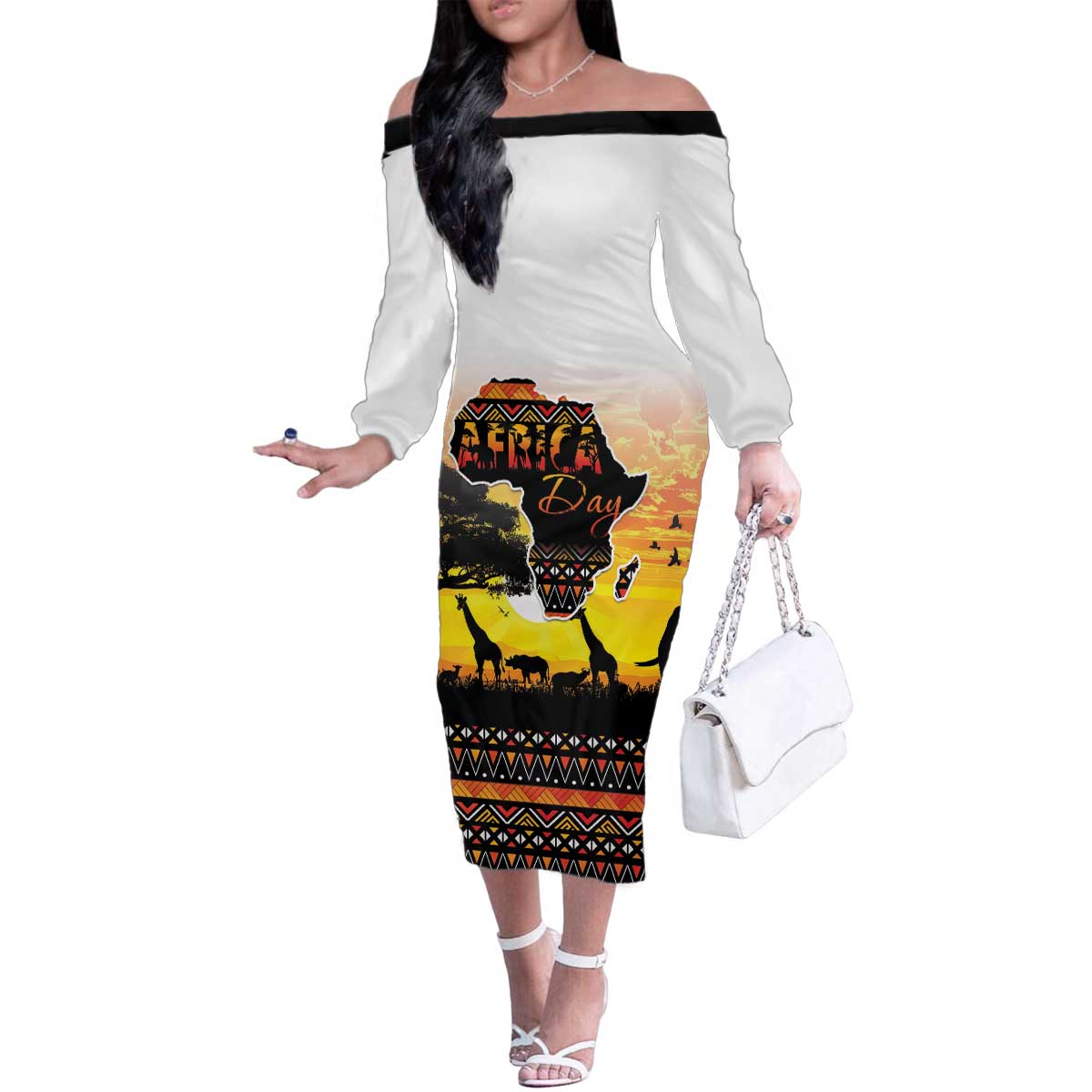 Happy Africa Day Family Matching Off The Shoulder Long Sleeve Dress and Hawaiian Shirt African Safari With Map