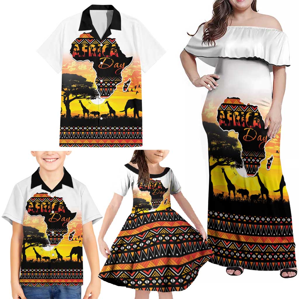 Happy Africa Day Family Matching Off Shoulder Maxi Dress and Hawaiian Shirt African Safari With Map
