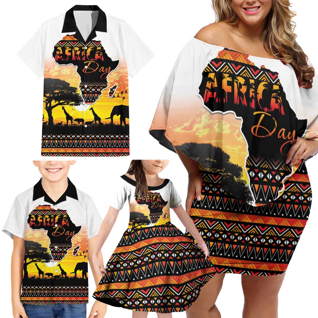 Happy Africa Day Family Matching Off Shoulder Short Dress and Hawaiian Shirt African Safari With Map