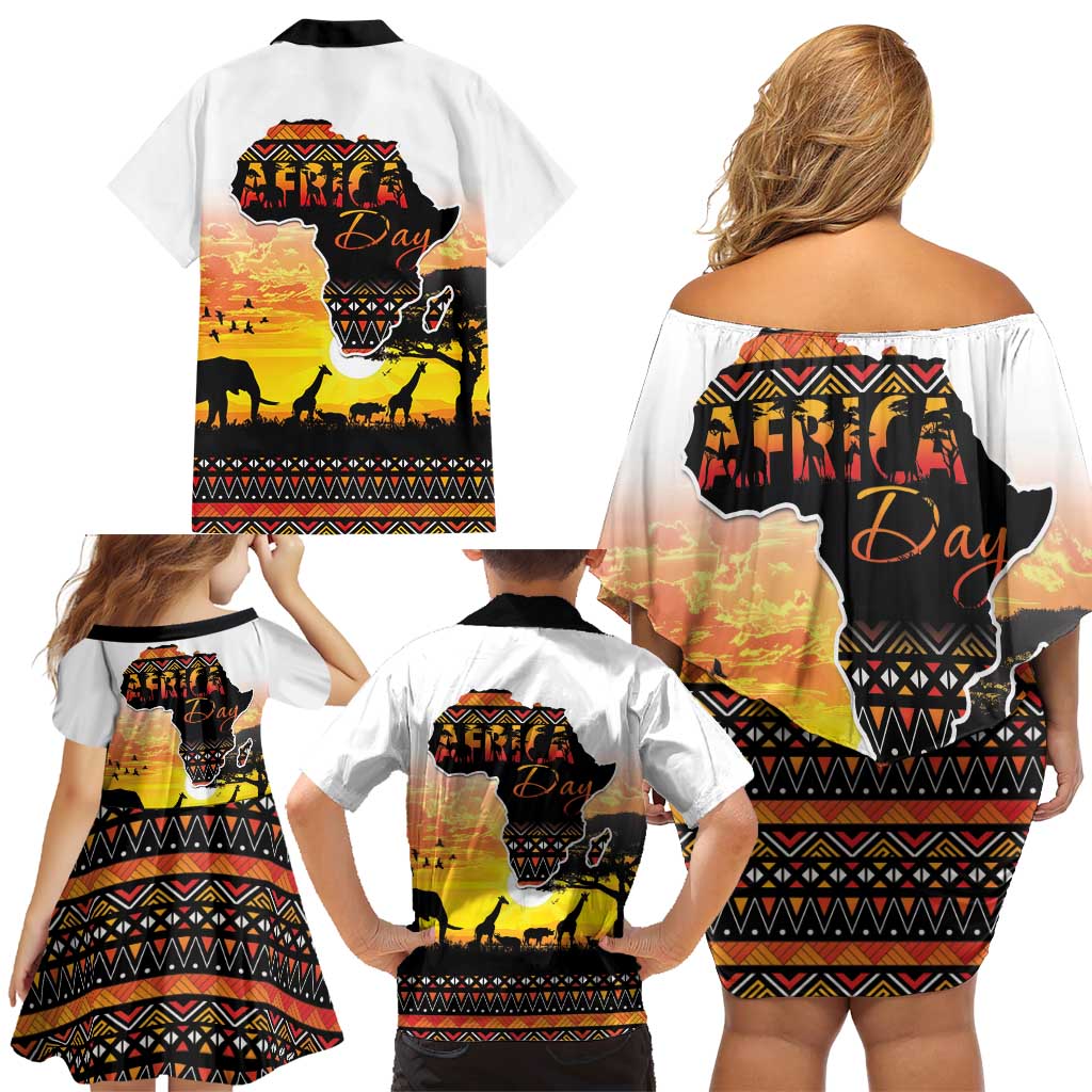 Happy Africa Day Family Matching Off Shoulder Short Dress and Hawaiian Shirt African Safari With Map