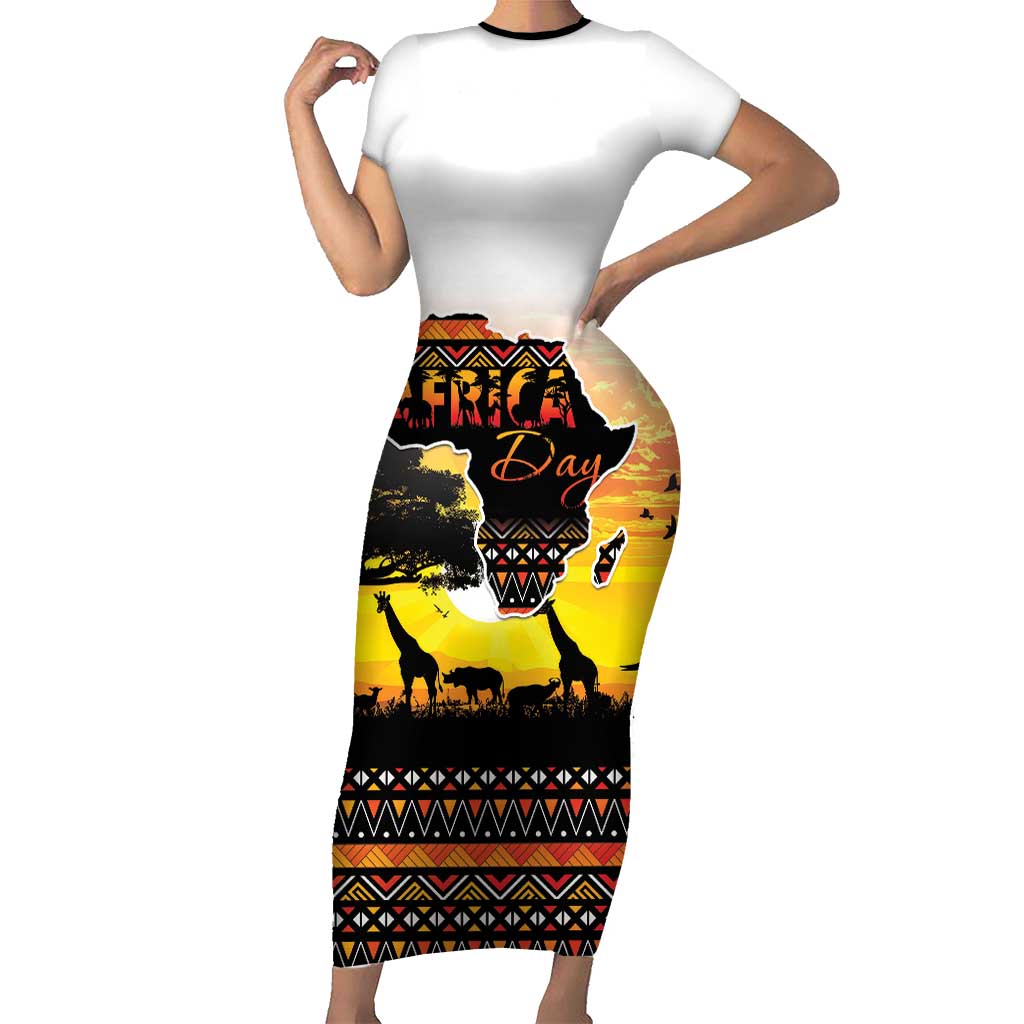 Happy Africa Day Family Matching Short Sleeve Bodycon Dress and Hawaiian Shirt African Safari With Map