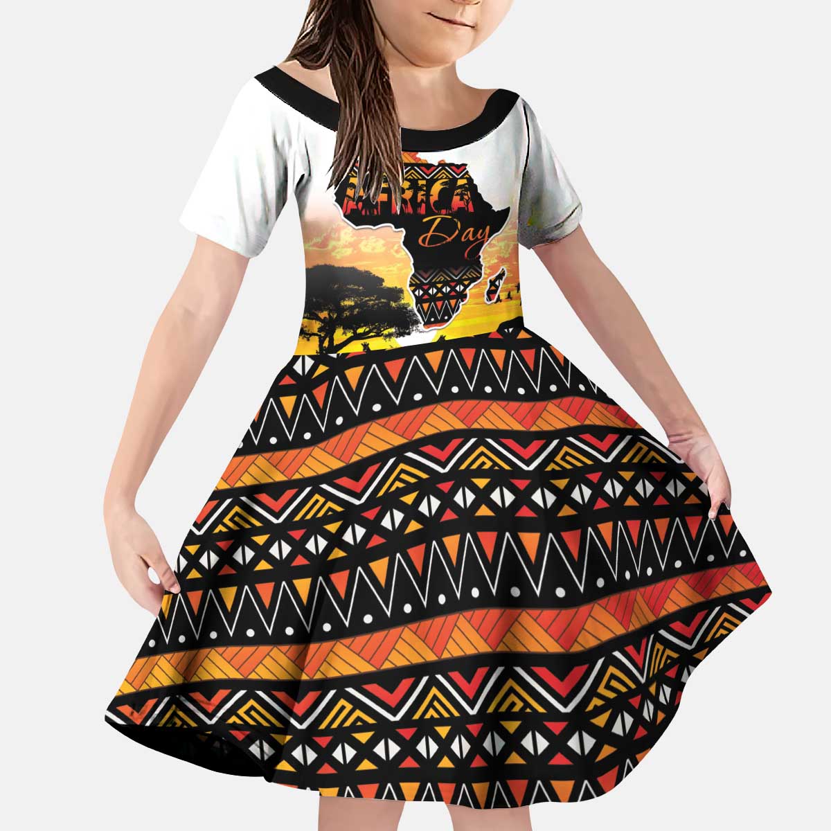Happy Africa Day Kid Short Sleeve Dress African Safari With Map
