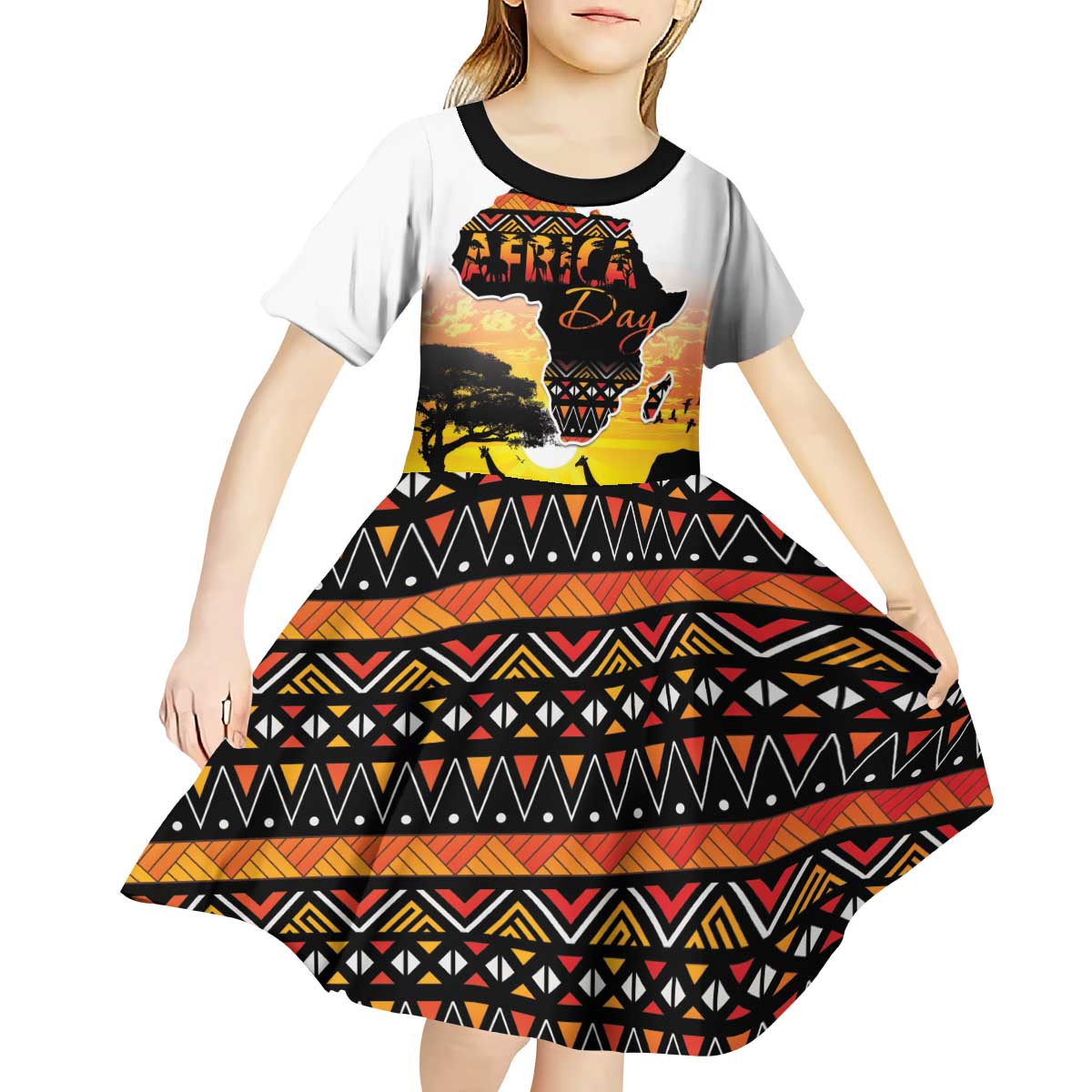 Happy Africa Day Kid Short Sleeve Dress African Safari With Map
