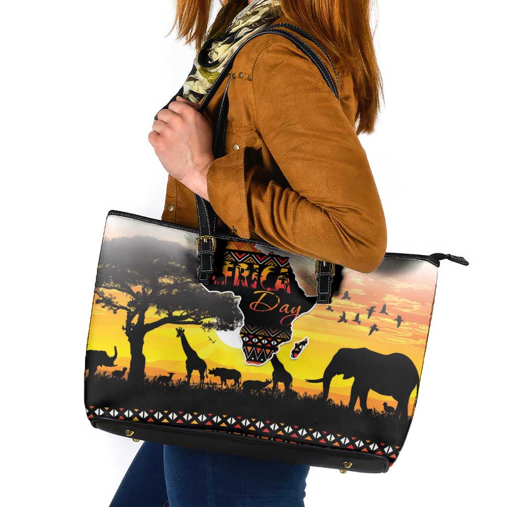 Happy Africa Day Leather Tote Bag African Safari With Map