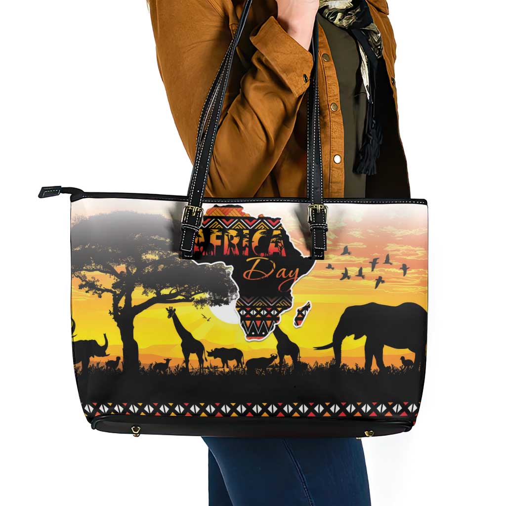 Happy Africa Day Leather Tote Bag African Safari With Map