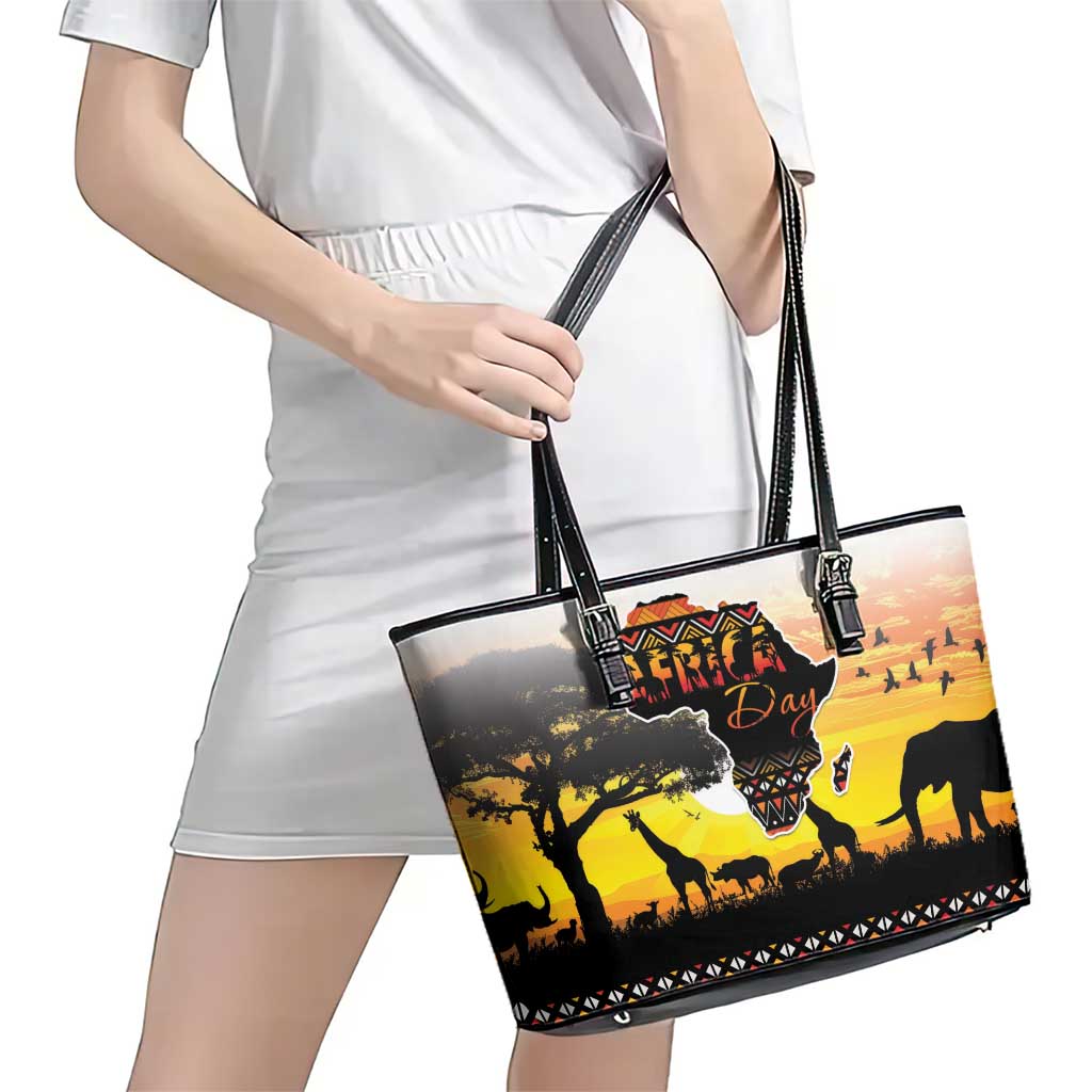 Happy Africa Day Leather Tote Bag African Safari With Map