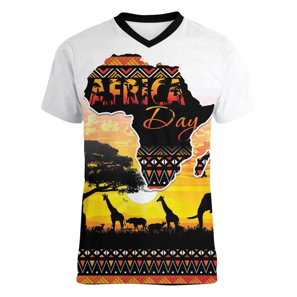 Happy Africa Day Women V-Neck T-Shirt African Safari With Map