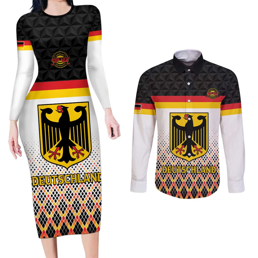 Custom Germany Hockey Couples Matching Long Sleeve Bodycon Dress and Long Sleeve Button Shirt Go Trager der Adler