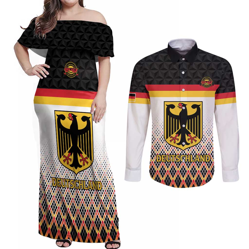 Custom Germany Hockey Couples Matching Off Shoulder Maxi Dress and Long Sleeve Button Shirt Go Trager der Adler