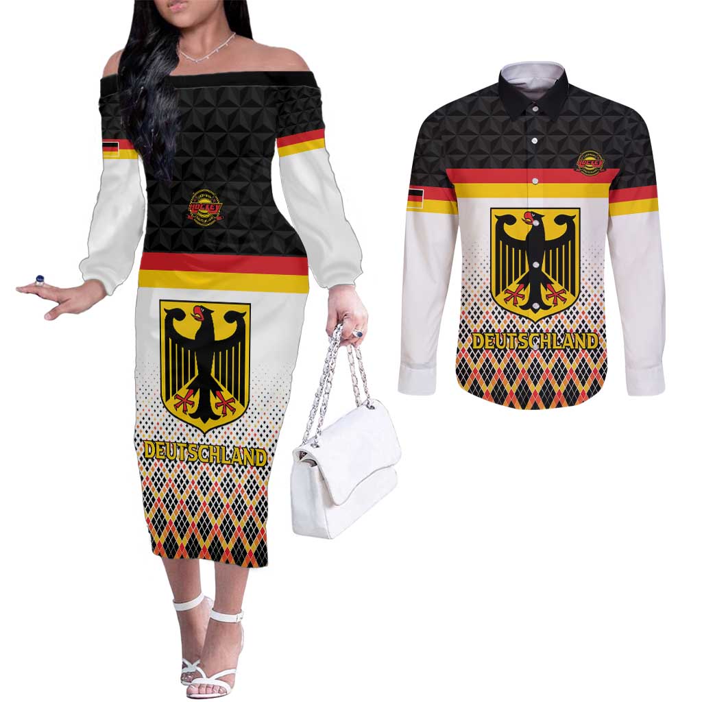 Custom Germany Hockey Couples Matching Off The Shoulder Long Sleeve Dress and Long Sleeve Button Shirt Go Trager der Adler