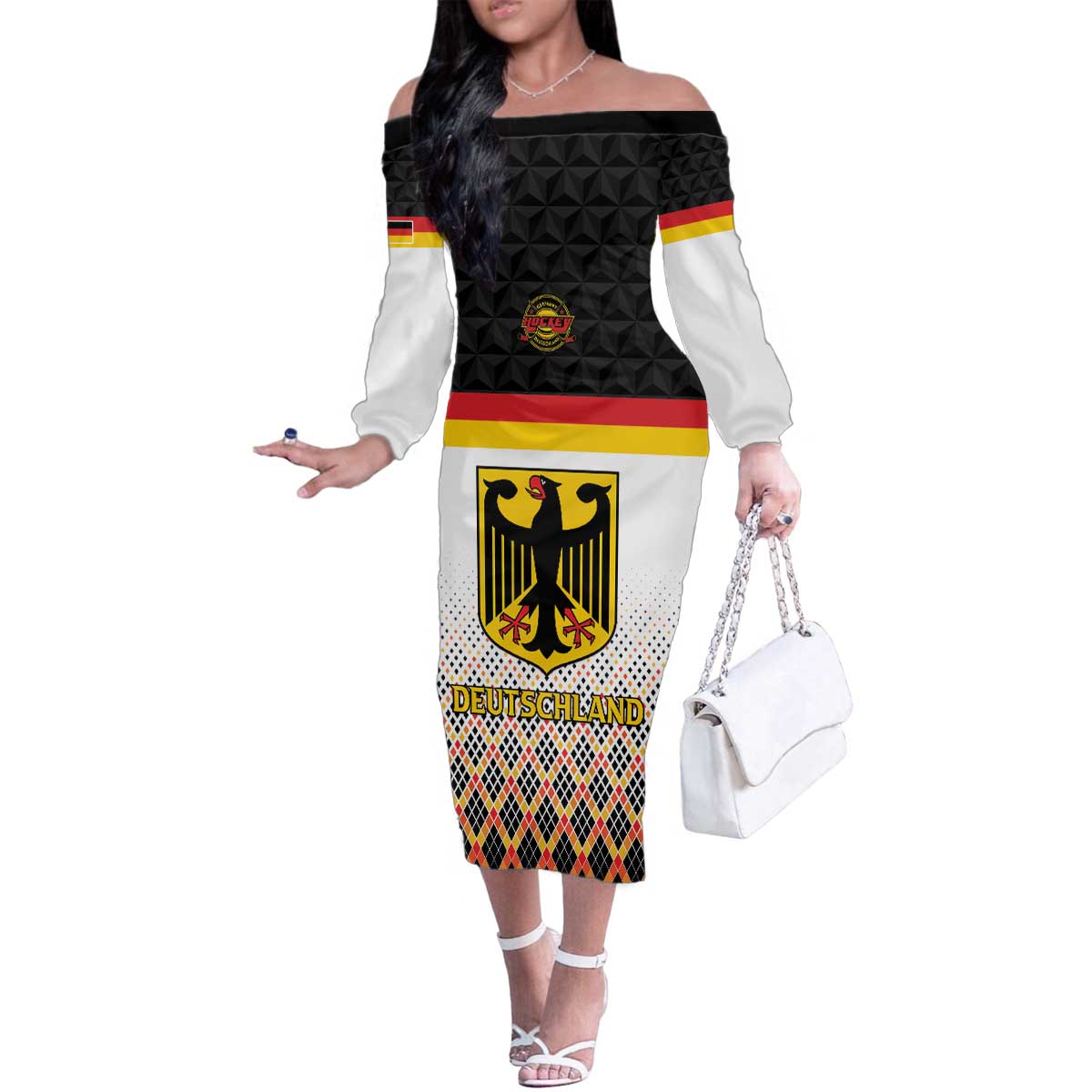 Custom Germany Hockey Family Matching Off The Shoulder Long Sleeve Dress and Hawaiian Shirt Go Trager der Adler