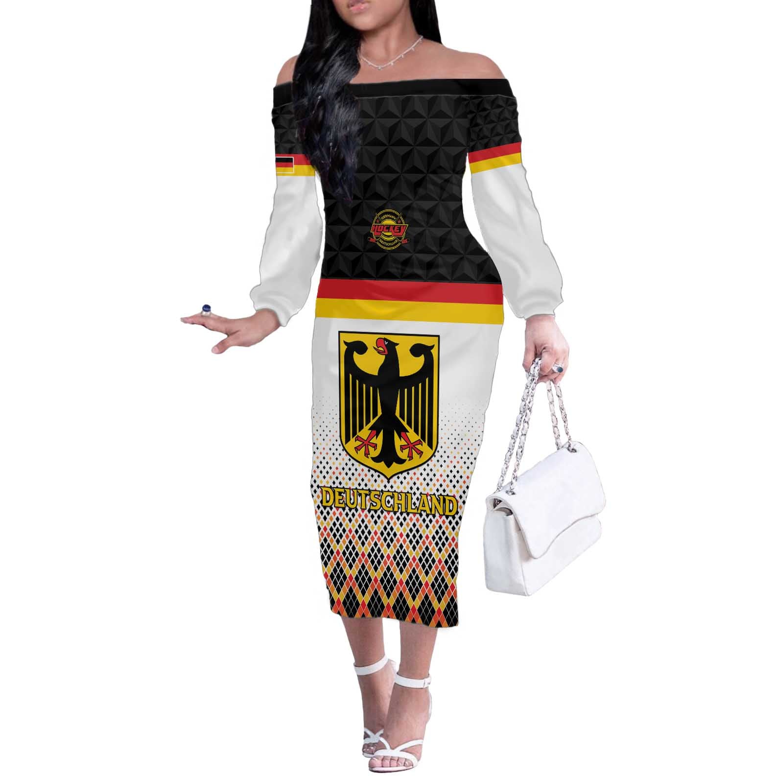 Custom Germany Hockey Off The Shoulder Long Sleeve Dress Go Trager der Adler