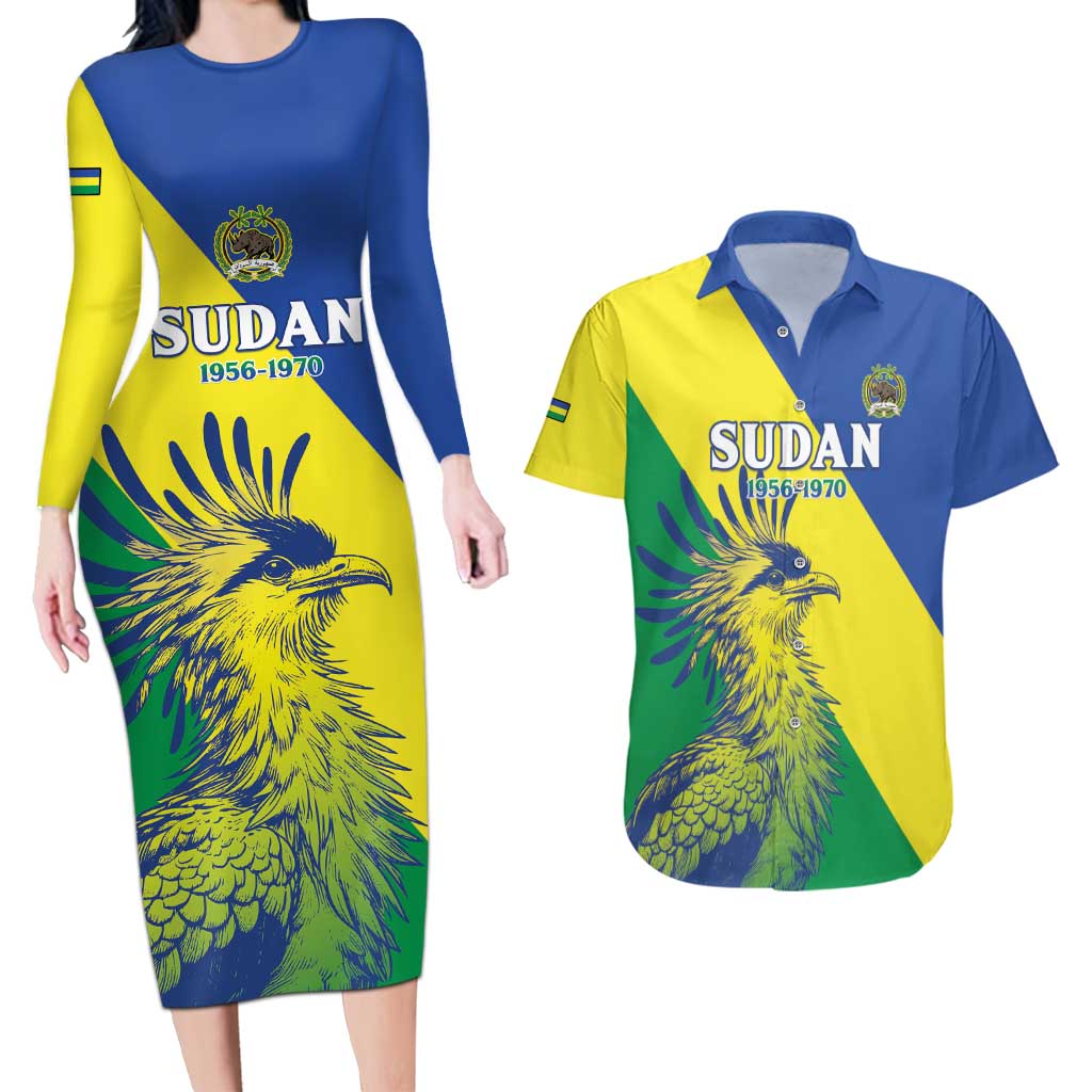Personalized Sudan 1956-1970 Couples Matching Long Sleeve Bodycon Dress and Hawaiian Shirt Secretary Bird Coat Of Arms
