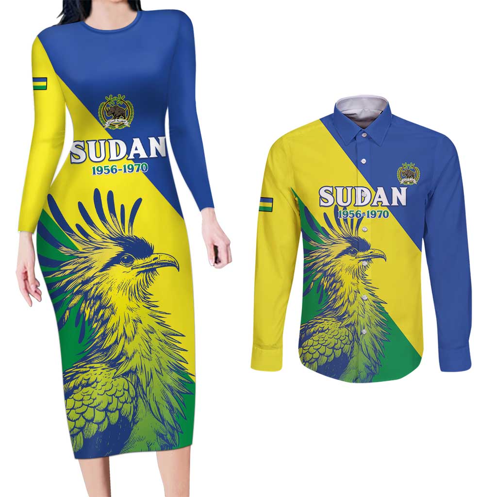 Personalized Sudan 1956-1970 Couples Matching Long Sleeve Bodycon Dress and Long Sleeve Button Shirt Secretary Bird Coat Of Arms