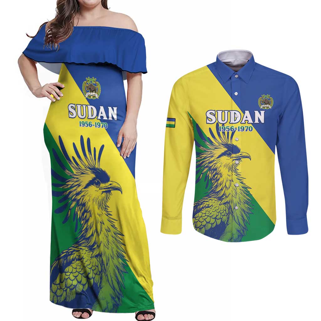 Personalized Sudan 1956-1970 Couples Matching Off Shoulder Maxi Dress and Long Sleeve Button Shirt Secretary Bird Coat Of Arms