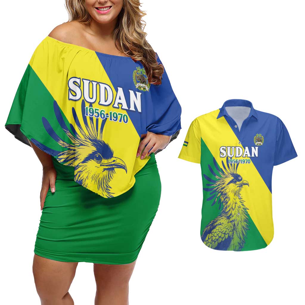 Personalized Sudan 1956-1970 Couples Matching Off Shoulder Short Dress and Hawaiian Shirt Secretary Bird Coat Of Arms