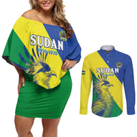Personalized Sudan 1956-1970 Couples Matching Off Shoulder Short Dress and Long Sleeve Button Shirt Secretary Bird Coat Of Arms