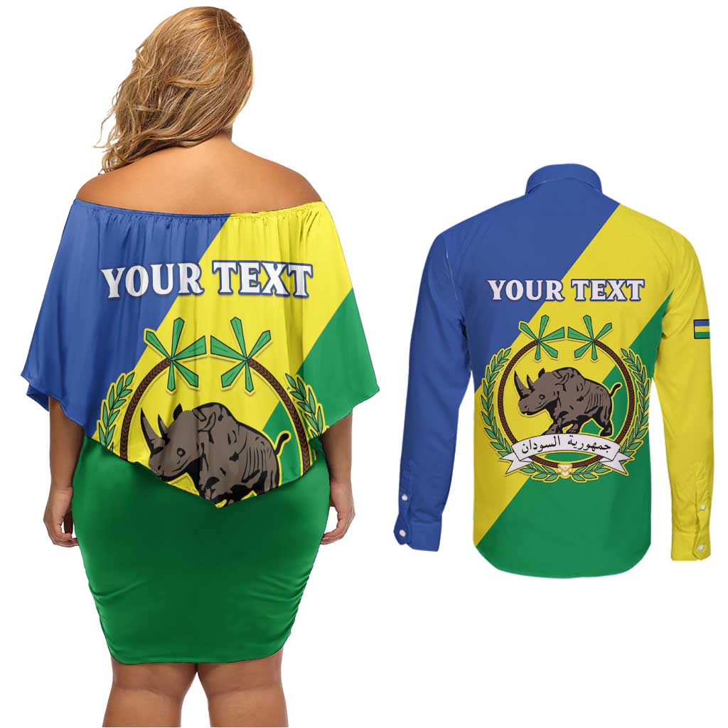 Personalized Sudan 1956-1970 Couples Matching Off Shoulder Short Dress and Long Sleeve Button Shirt Secretary Bird Coat Of Arms