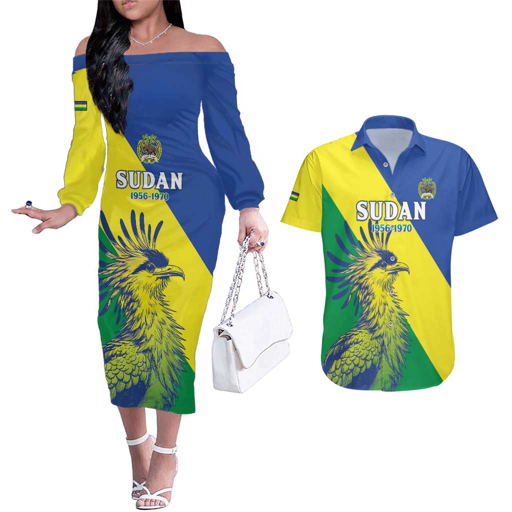 Personalized Sudan 1956-1970 Couples Matching Off The Shoulder Long Sleeve Dress and Hawaiian Shirt Secretary Bird Coat Of Arms