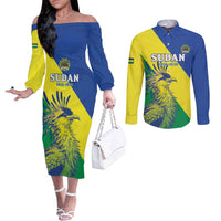 Personalized Sudan 1956-1970 Couples Matching Off The Shoulder Long Sleeve Dress and Long Sleeve Button Shirt Secretary Bird Coat Of Arms