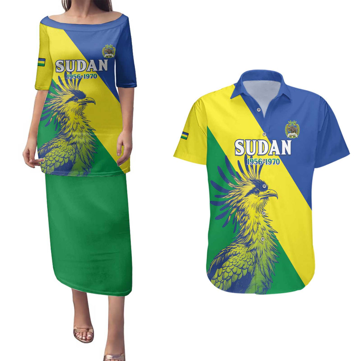 Personalized Sudan 1956-1970 Couples Matching Puletasi and Hawaiian Shirt Secretary Bird Coat Of Arms