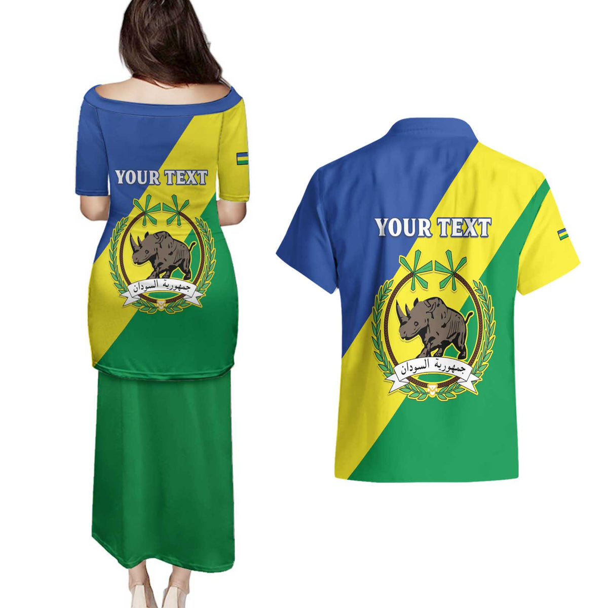 Personalized Sudan 1956-1970 Couples Matching Puletasi and Hawaiian Shirt Secretary Bird Coat Of Arms
