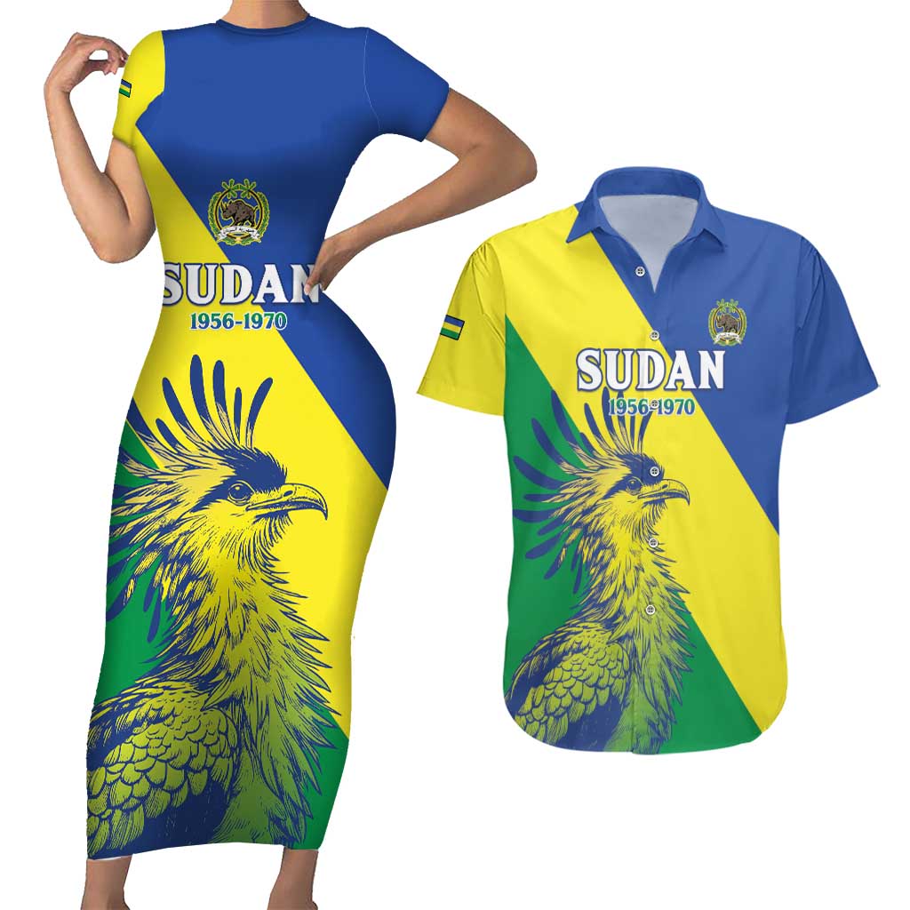 Personalized Sudan 1956-1970 Couples Matching Short Sleeve Bodycon Dress and Hawaiian Shirt Secretary Bird Coat Of Arms