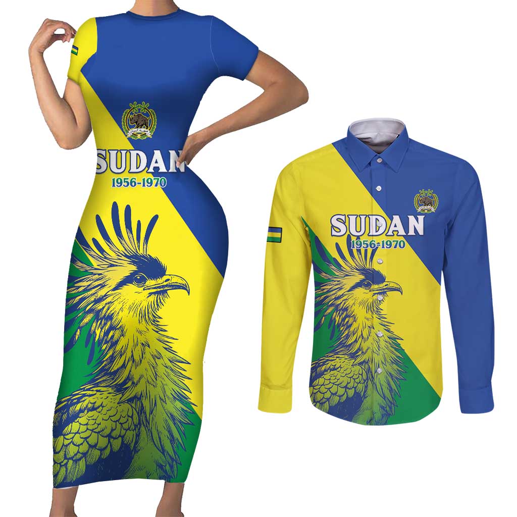 Personalized Sudan 1956-1970 Couples Matching Short Sleeve Bodycon Dress and Long Sleeve Button Shirt Secretary Bird Coat Of Arms