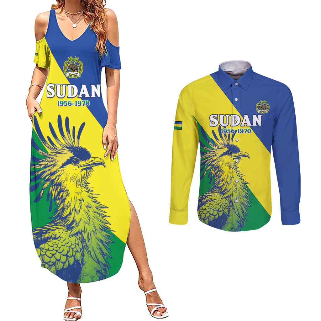 Personalized Sudan 1956-1970 Couples Matching Summer Maxi Dress and Long Sleeve Button Shirt Secretary Bird Coat Of Arms