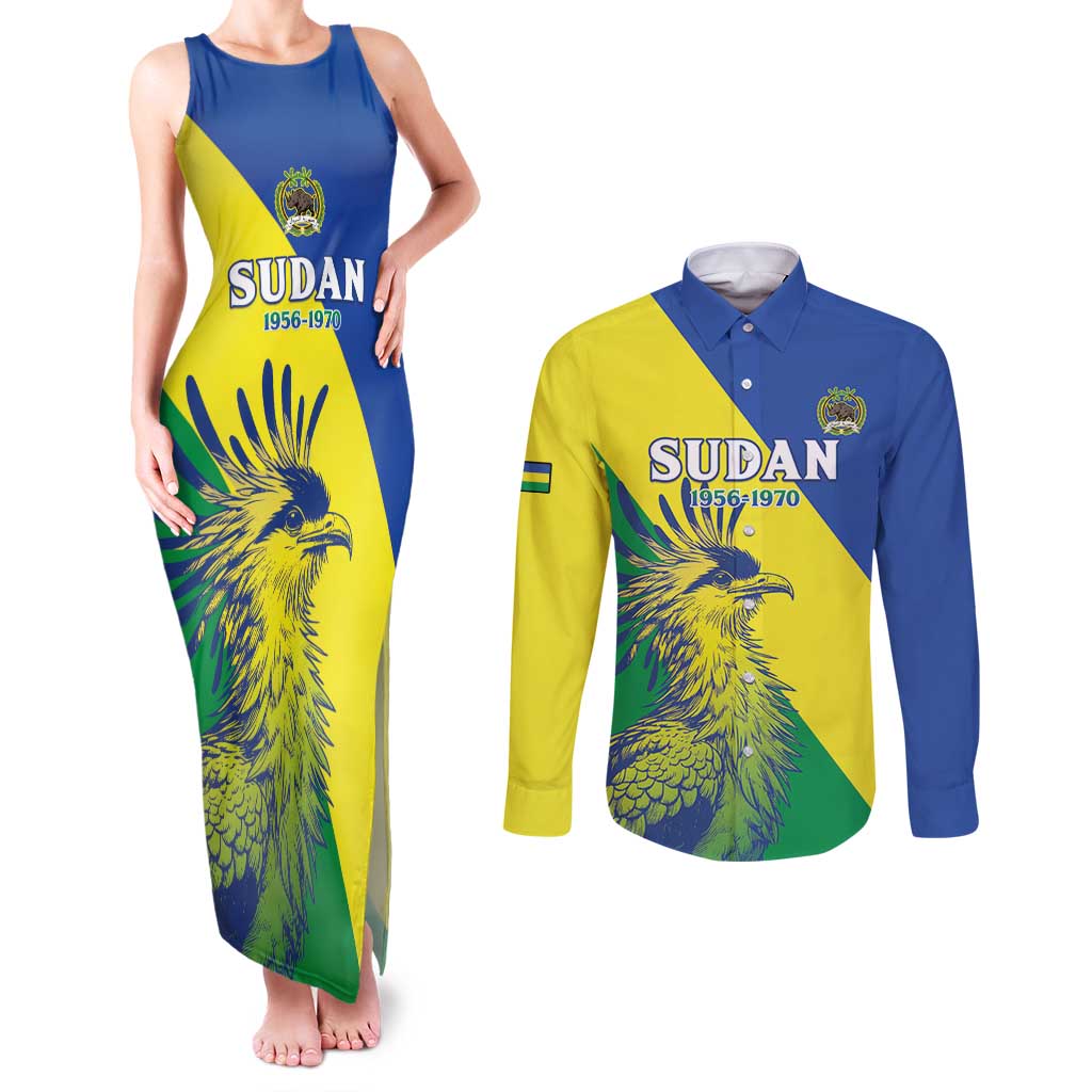 Personalized Sudan 1956-1970 Couples Matching Tank Maxi Dress and Long Sleeve Button Shirt Secretary Bird Coat Of Arms