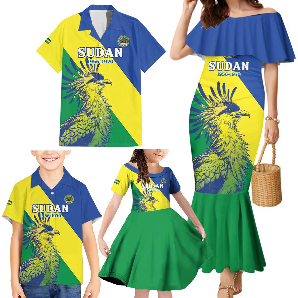 Personalized Sudan 1956-1970 Family Matching Mermaid Dress and Hawaiian Shirt Secretary Bird Coat Of Arms