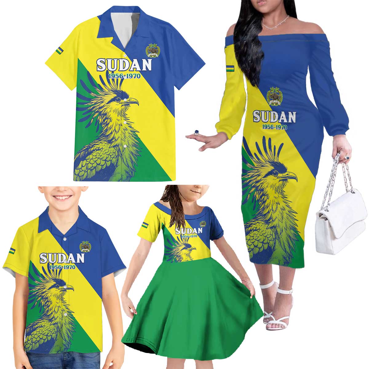 Personalized Sudan 1956-1970 Family Matching Off The Shoulder Long Sleeve Dress and Hawaiian Shirt Secretary Bird Coat Of Arms