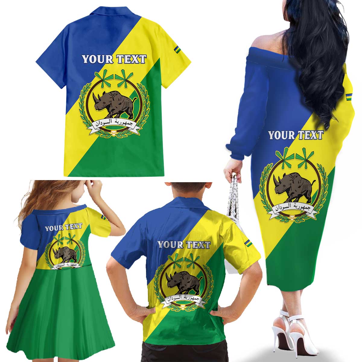 Personalized Sudan 1956-1970 Family Matching Off The Shoulder Long Sleeve Dress and Hawaiian Shirt Secretary Bird Coat Of Arms