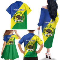 Personalized Sudan 1956-1970 Family Matching Off The Shoulder Long Sleeve Dress and Hawaiian Shirt Secretary Bird Coat Of Arms