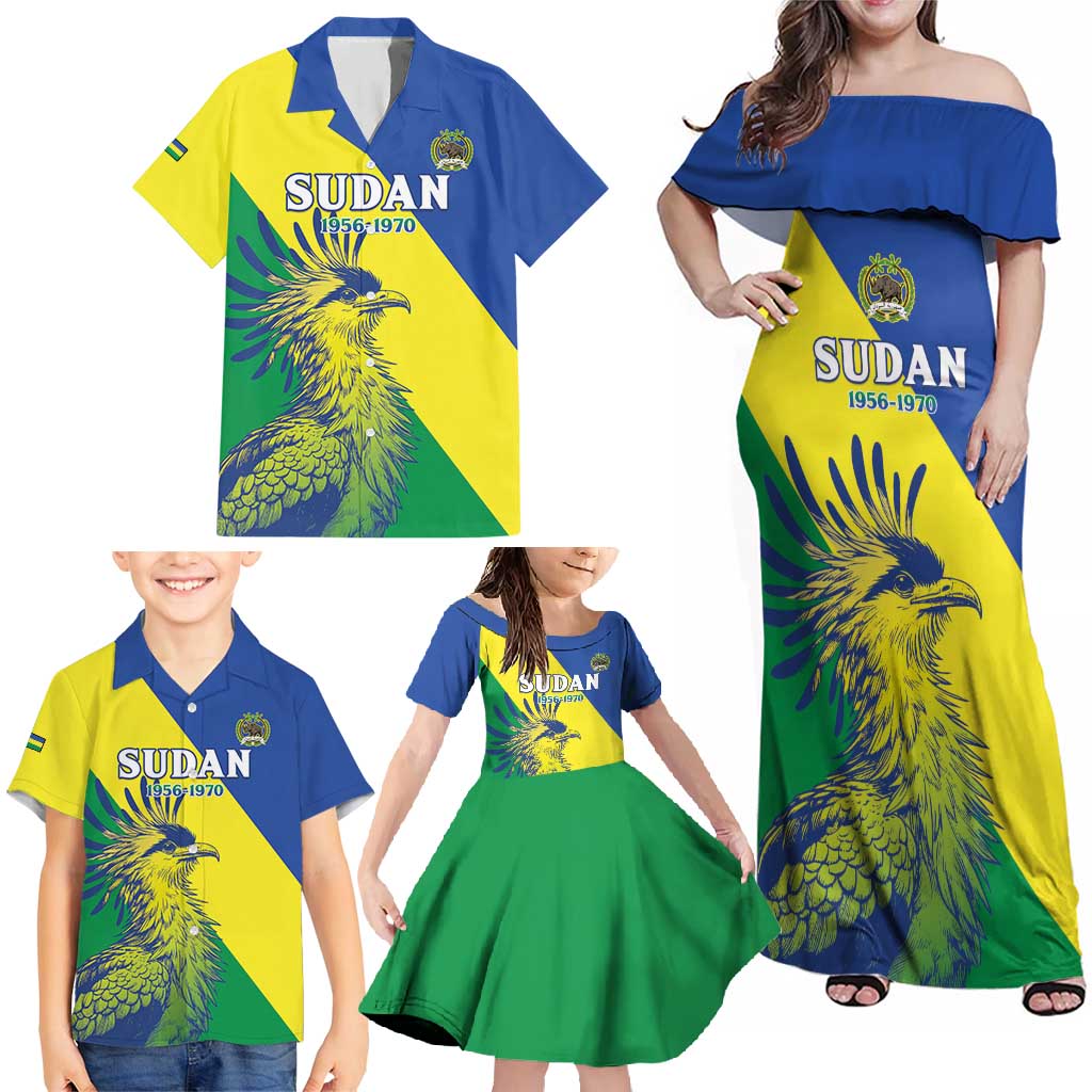 Personalized Sudan 1956-1970 Family Matching Off Shoulder Maxi Dress and Hawaiian Shirt Secretary Bird Coat Of Arms