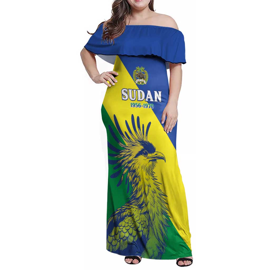 Personalized Sudan 1956-1970 Family Matching Off Shoulder Maxi Dress and Hawaiian Shirt Secretary Bird Coat Of Arms