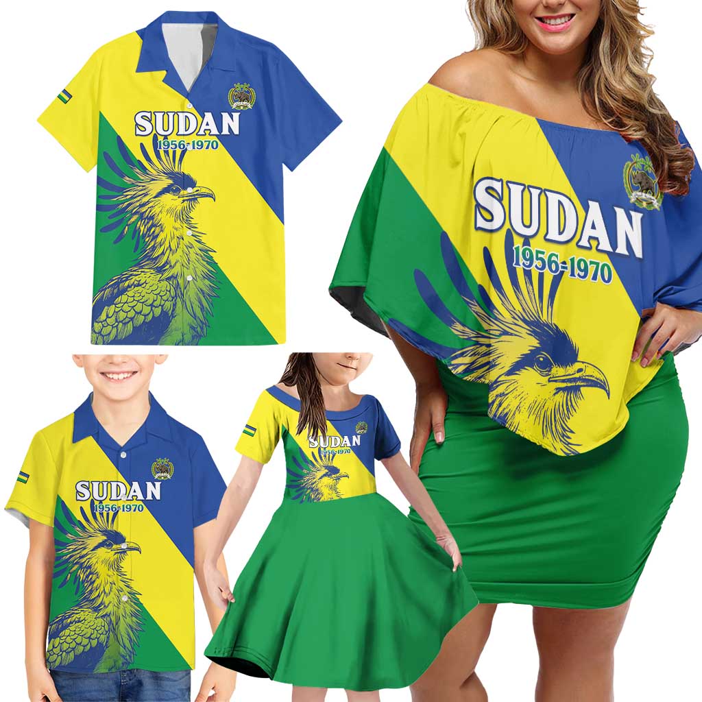 Personalized Sudan 1956-1970 Family Matching Off Shoulder Short Dress and Hawaiian Shirt Secretary Bird Coat Of Arms