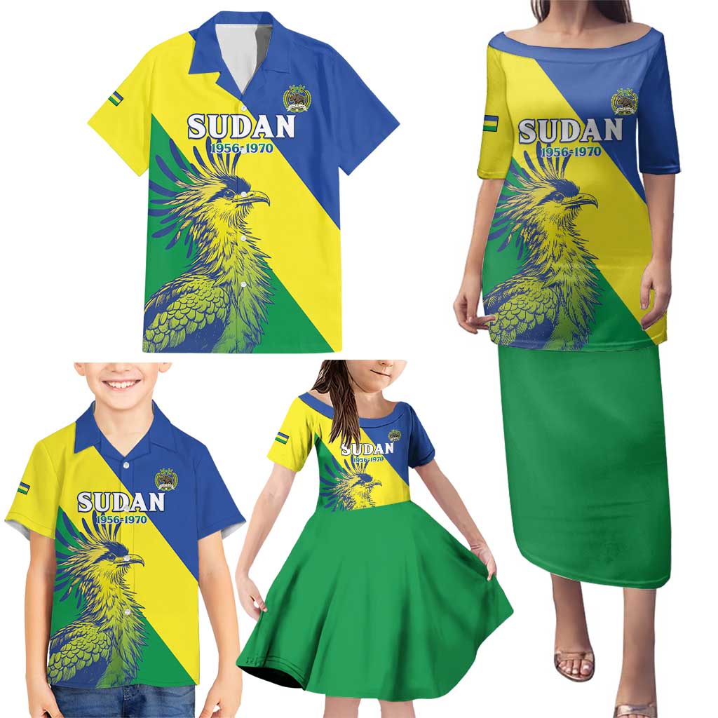 Personalized Sudan 1956-1970 Family Matching Puletasi and Hawaiian Shirt Secretary Bird Coat Of Arms