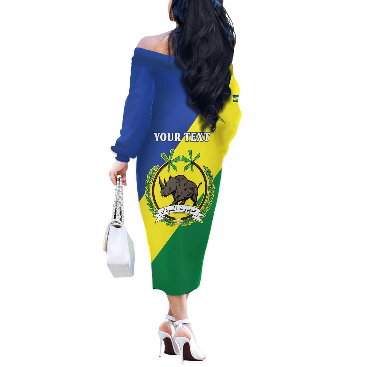 Personalized Sudan 1956-1970 Off The Shoulder Long Sleeve Dress Secretary Bird Coat Of Arms
