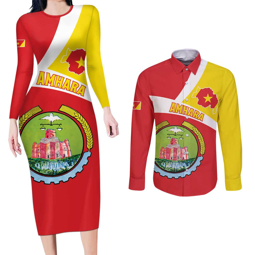 Personalized Ethiopia Amhara Region Couples Matching Long Sleeve Bodycon Dress and Long Sleeve Button Shirt Coat Of Arms With Map