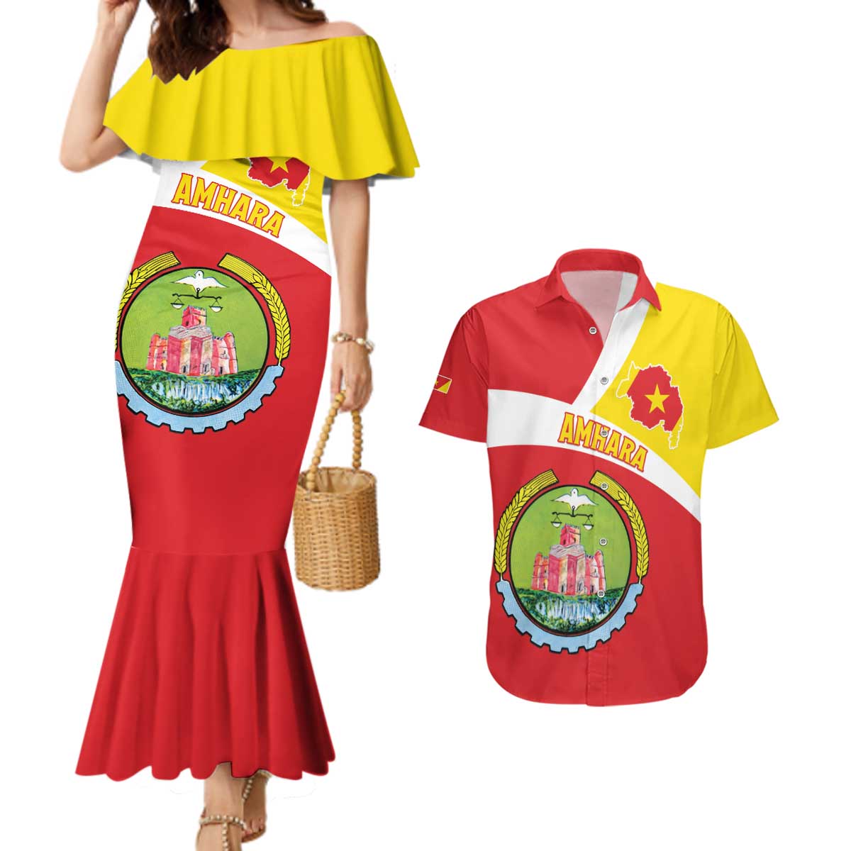 Personalized Ethiopia Amhara Region Couples Matching Mermaid Dress and Hawaiian Shirt Coat Of Arms With Map