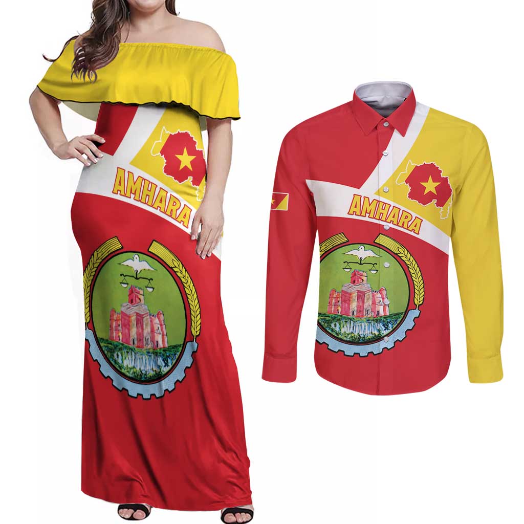 Personalized Ethiopia Amhara Region Couples Matching Off Shoulder Maxi Dress and Long Sleeve Button Shirt Coat Of Arms With Map