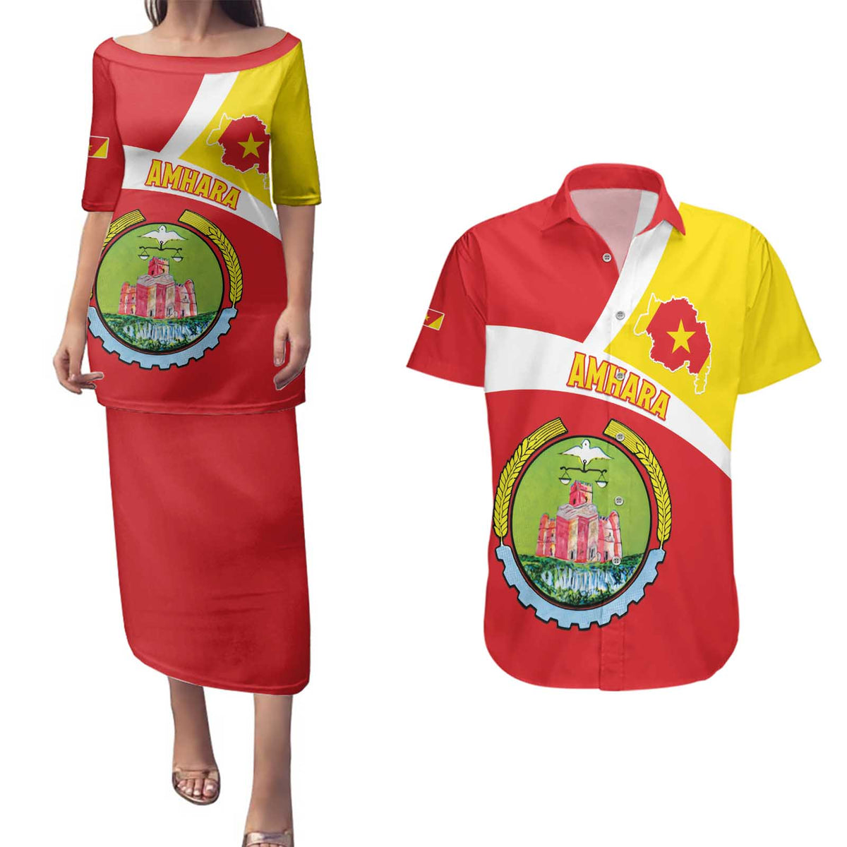 Personalized Ethiopia Amhara Region Couples Matching Puletasi and Hawaiian Shirt Coat Of Arms With Map