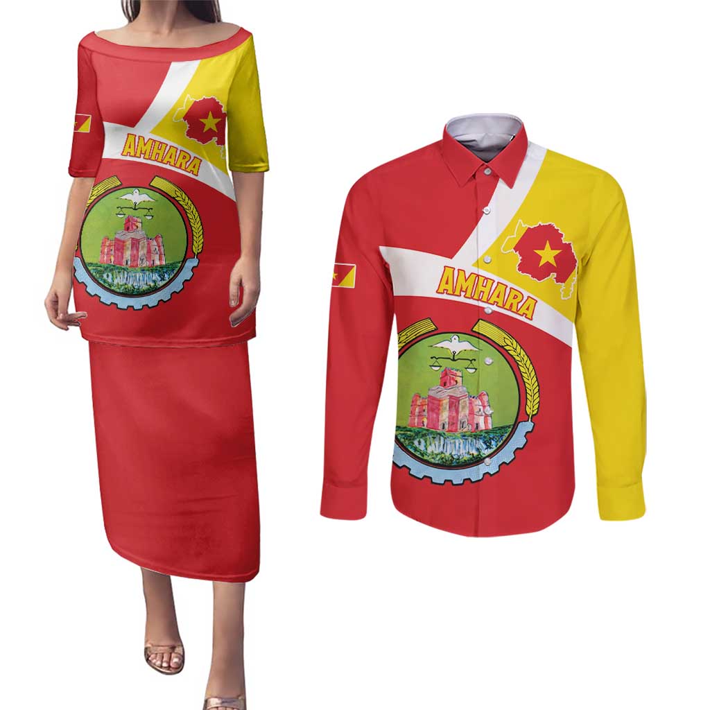 Personalized Ethiopia Amhara Region Couples Matching Puletasi and Long Sleeve Button Shirt Coat Of Arms With Map