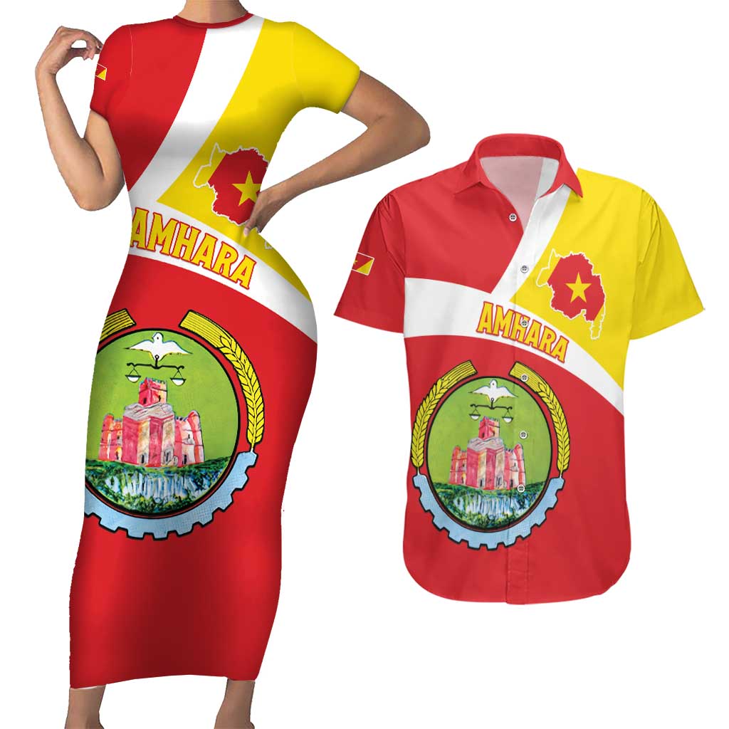 Personalized Ethiopia Amhara Region Couples Matching Short Sleeve Bodycon Dress and Hawaiian Shirt Coat Of Arms With Map