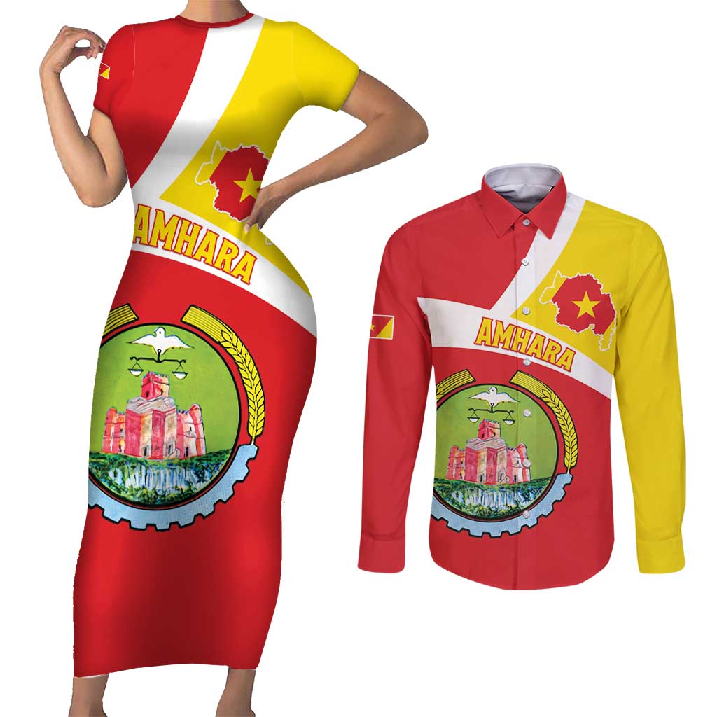 Personalized Ethiopia Amhara Region Couples Matching Short Sleeve Bodycon Dress and Long Sleeve Button Shirt Coat Of Arms With Map
