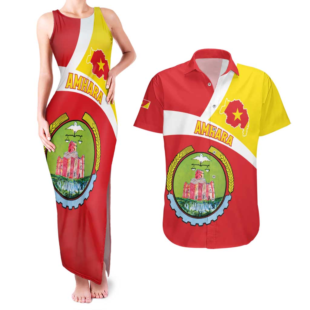 Personalized Ethiopia Amhara Region Couples Matching Tank Maxi Dress and Hawaiian Shirt Coat Of Arms With Map
